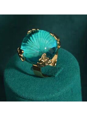 Antique Couture Aqua Crystal Orb Ring 18K Gold Designer Statement Jewelry